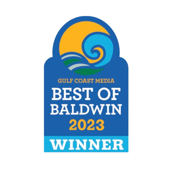 Gulf Coast Media Best of Baldwin 2023 Winner badge with sun and waves.
