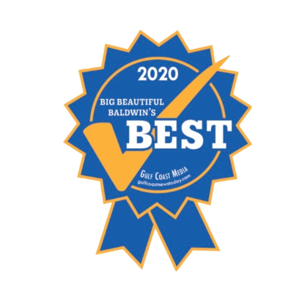 Blue and gold ribbon award for "2020 Big Beautiful Baldwin's Best" by Gulf Coast Media.