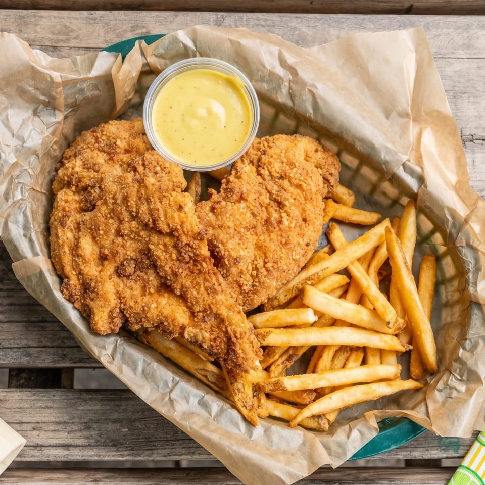 Crispy fried chicken tenders, golden french fries, and a cup of dipping sauce in a basket.