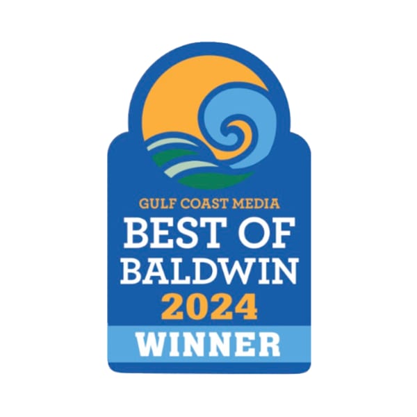 Gulf Coast Media Best of Baldwin 2024 Winner badge with sun and waves graphic.