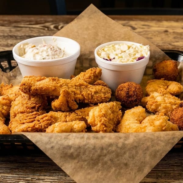 A basket of crispy fried chicken tenders, hush puppies, and two sides of coleslaw on a wooden table.