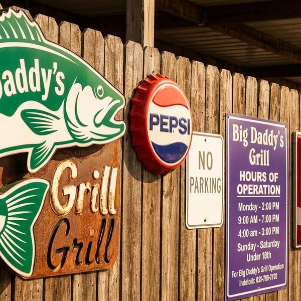 Big Daddy's Grill sign shaped like a fish, with other signs on a wooden fence.