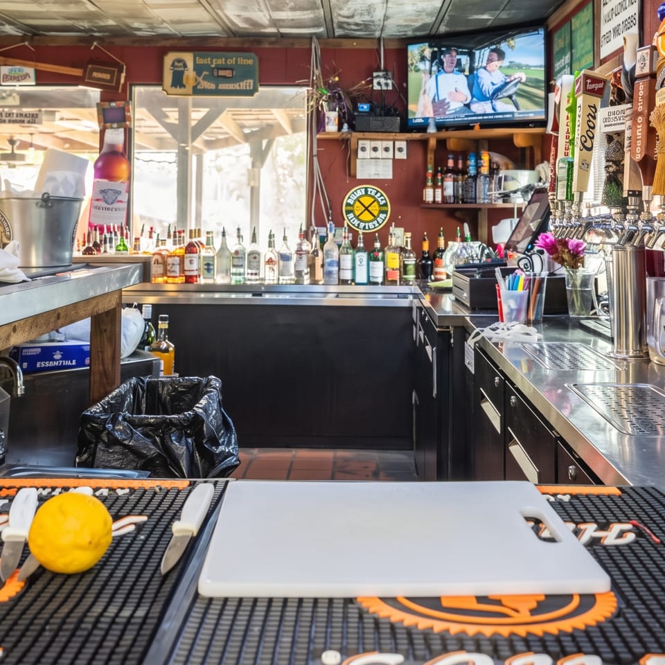 A rustic bar with bottles, beer taps, garnishes, and a TV playing golf.
